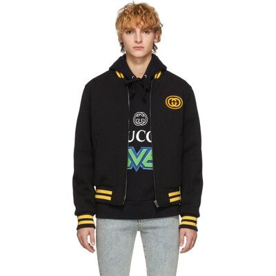 Gucci Black Satin Contrast Trim Spiritismo Applique Detail Bomber