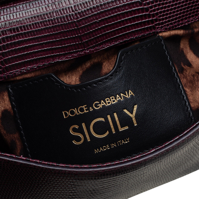 Dolce & Gabbana Burgundy Lizard Embossed Leather Small Crystal DG Logo  Sicily Top Handle Bag Dolce & Gabbana