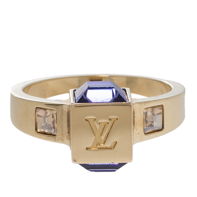 Louis Vuitton Gold Tone Crystal Gamble Ring Size 49