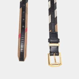 Burberry Black/Beige Housecheck Canvas and Leather Square Logo Buckle Belt  85CM