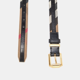 Burberry Black/Beige Housecheck Canvas and Leather Square Logo Buckle Belt  85CM Burberry